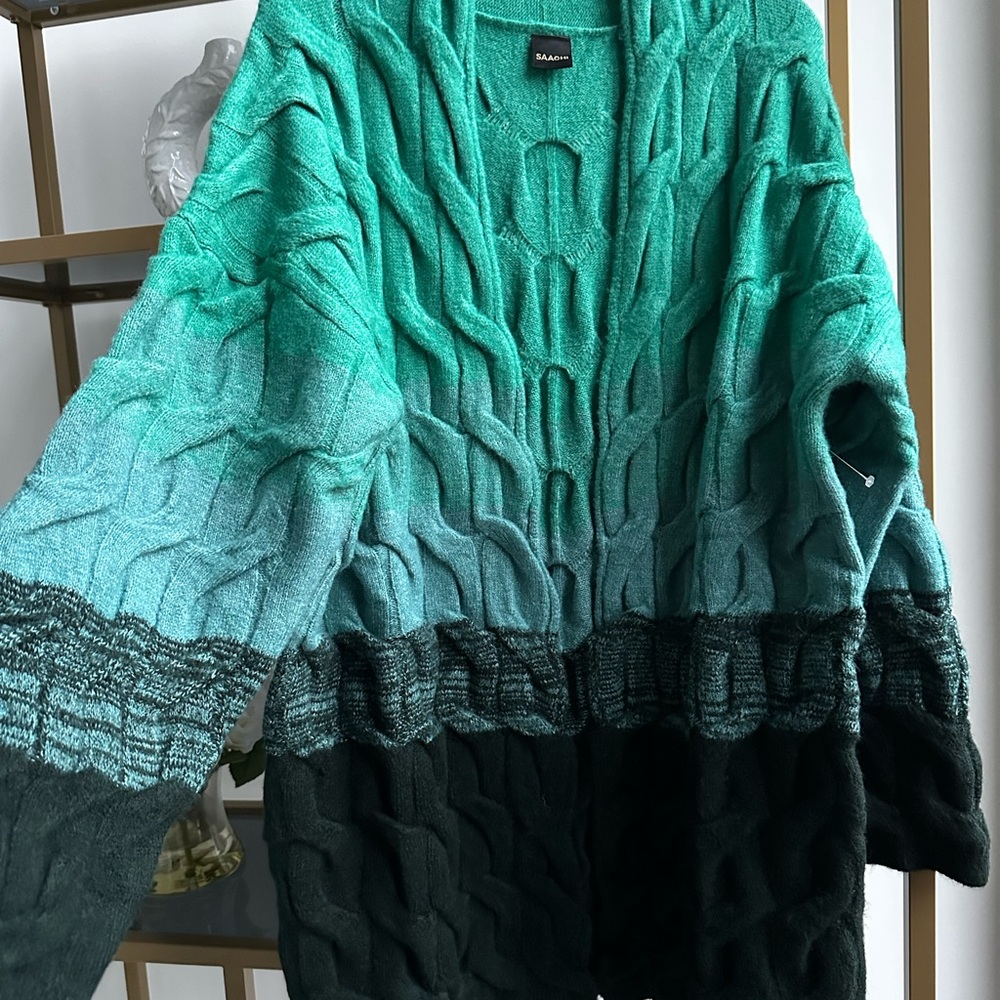 SAACHI Coloblock Cable Knit Teal and Black Women's Cardigan - Picture 5 of 5
